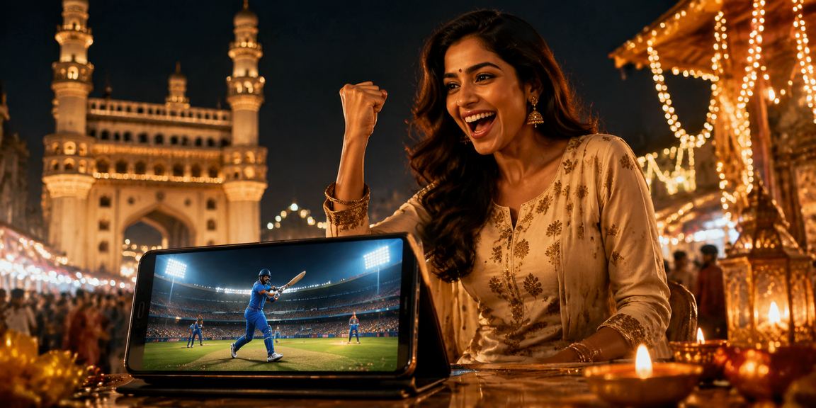 Busy Hyderabad Charminar area with digital payment activity and sports betting